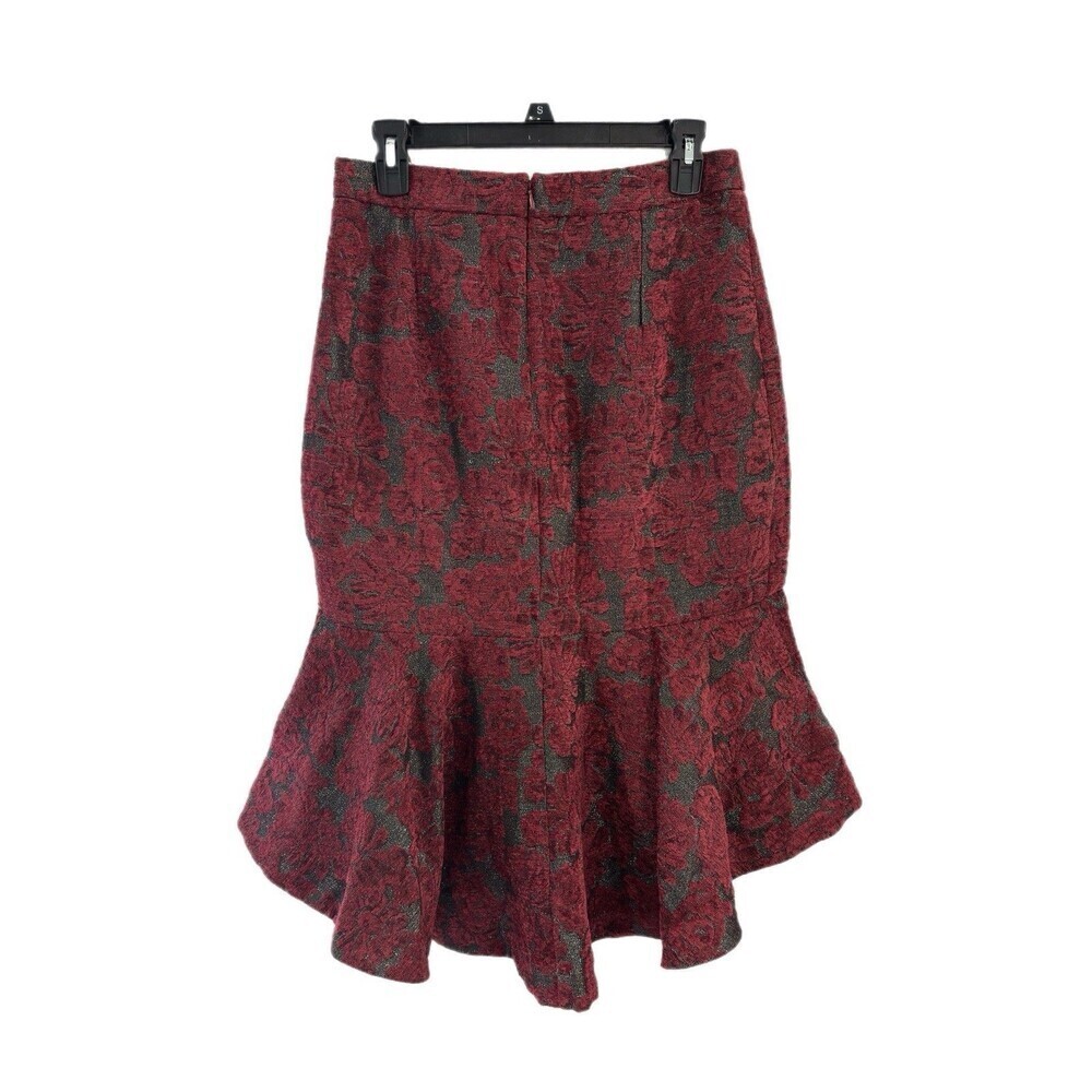 Rachel Parcell Jacquard Floral High Low Ruffle Hem Skirt Burgundy Gray Sz 8 - Picture 4 of 10